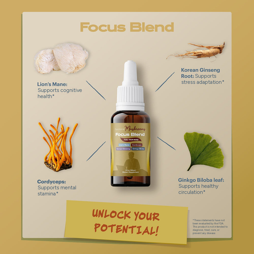 Focus Blend mushroom extract ingredients: Lion's Mane, Korean Ginseng Root, Cordyceps and Ginkgo Biloba leaf